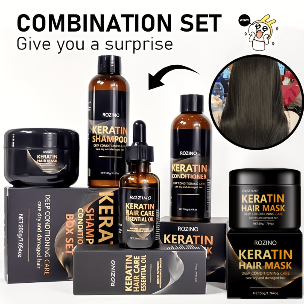 Keratin Hair Care Set 5pcs – Shampoo Conditioner Hair Mask & Essential Oil Bundle | Cleanses Strengthens Repairs Split Ends & Volumizes | Squalane Glycerin Formula for All Hair Typ - product image