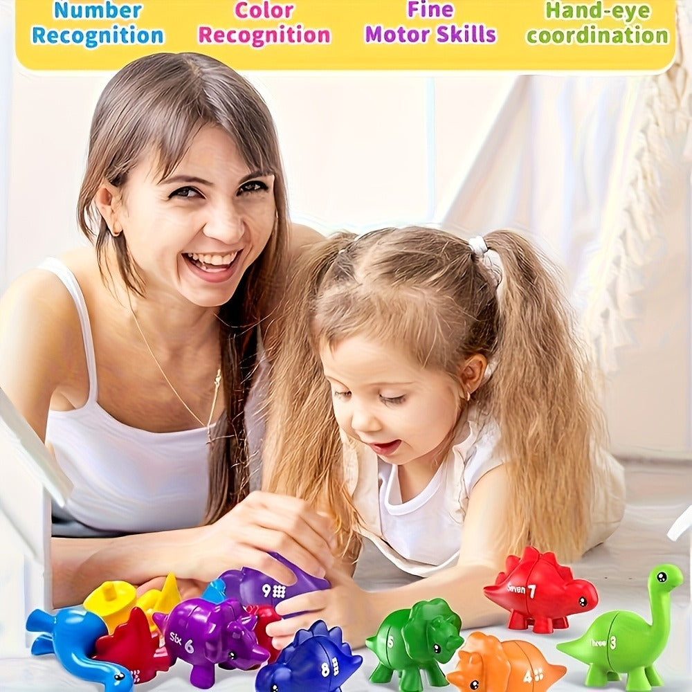 10 Pairs Retractable Plug-In Counting Sorting Math Game with Storage Bag, Montessori STEM Learning Gift for Boys Girls Ages 1-3, Birthday Easter Christmas | Dinosaur Number Matching Toy for Toddlers