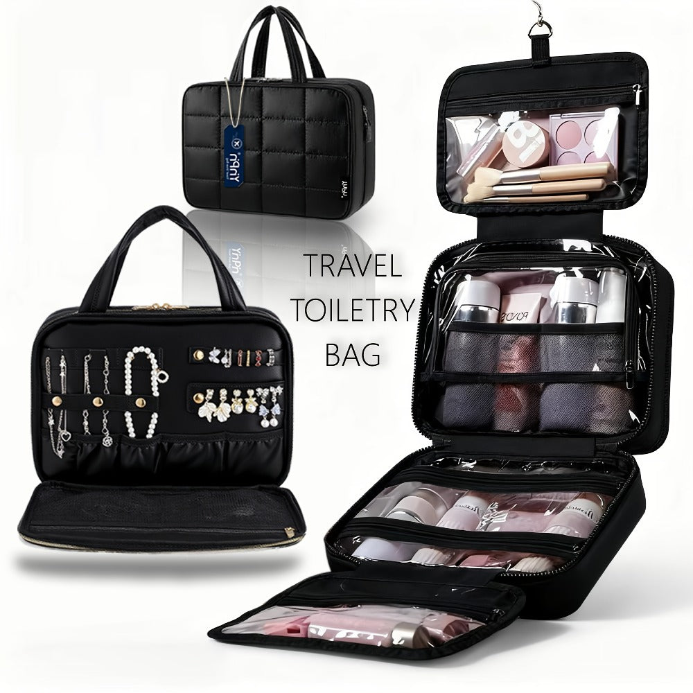 Hanging Travel Toiletry Bag Large Capacity for Full-Size Products Waterproof Cosmetic Organizer with Hook — Bathroom Makeup Travel Bag for Women Pink Beige Black - product image