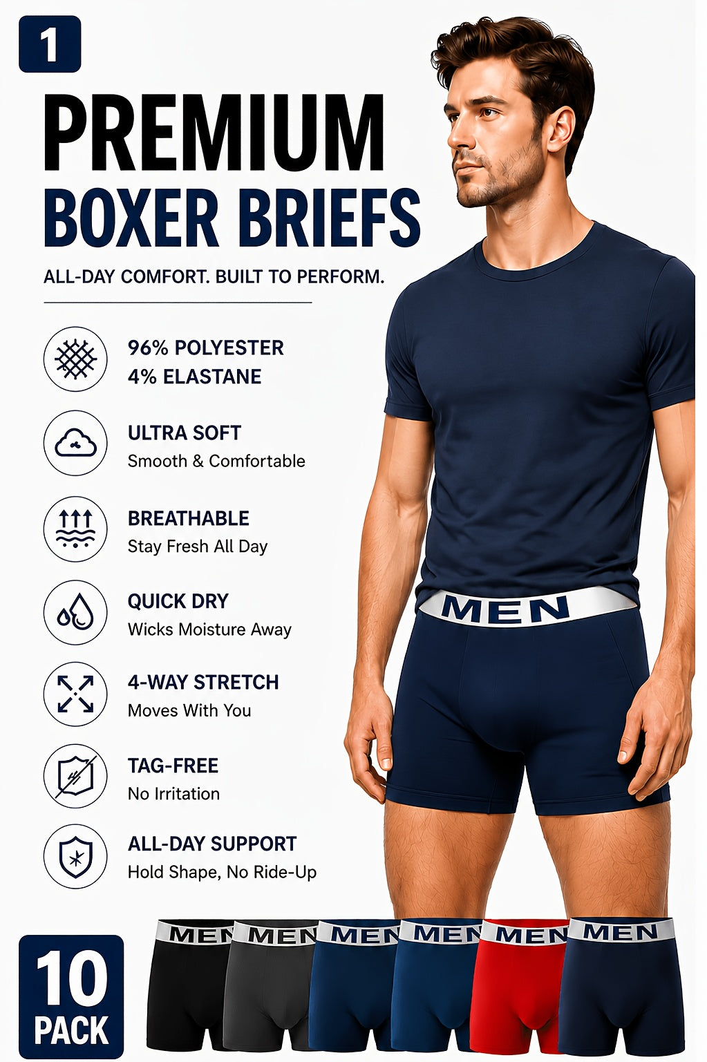 10pcs Set Of Men's Breathable Boxer Underwear - Comfortable and Stretchy, Solid Color, Casual Sports Underwear - product image