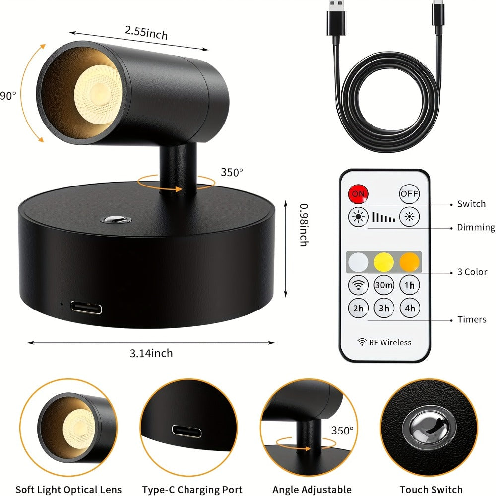 Rechargeable Indoor Spotlight LED – 3-Color Dimmable with Remote & Timer, 350° Adjustable, 2500mAh Battery, Magnetic Base Wall Accent Light for Pictures, Plants & Artwork (White /  - product image 4
