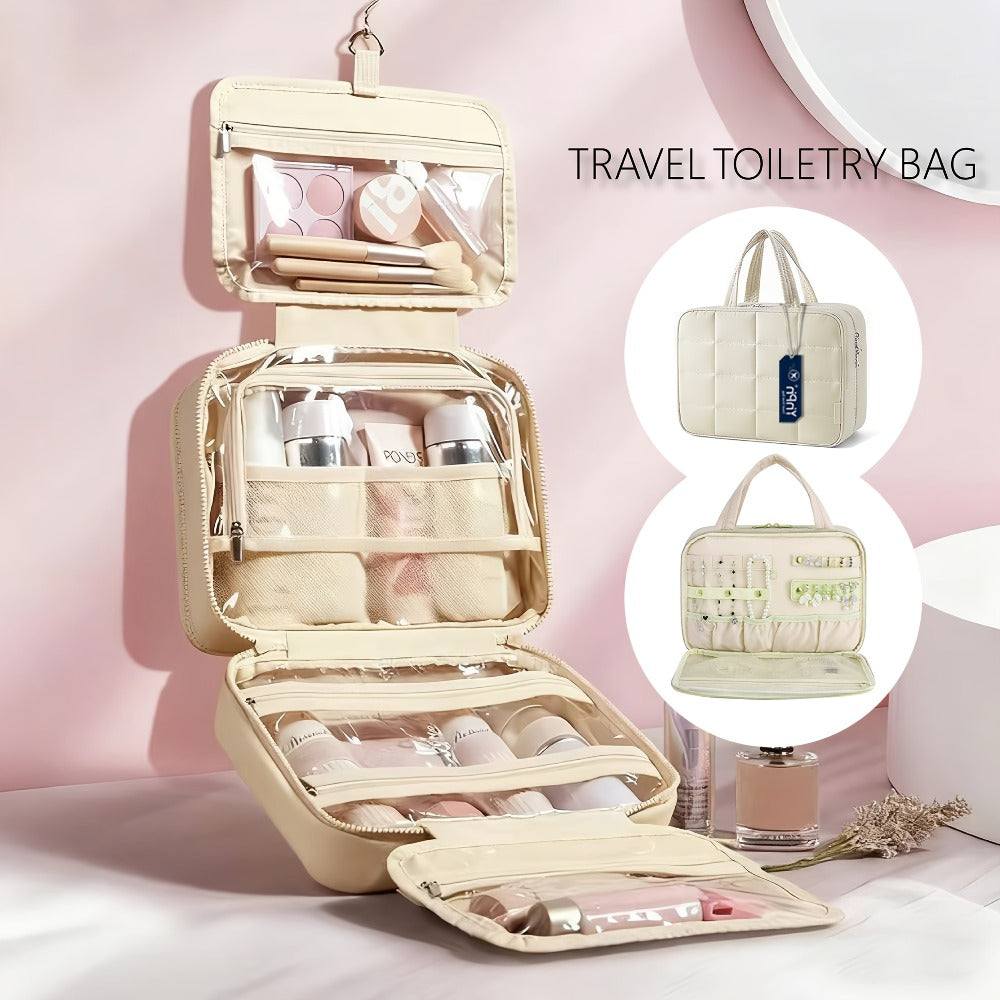 Hanging Travel Toiletry Bag Large Capacity for Full-Size Products Waterproof Cosmetic Organizer with Hook — Bathroom Makeup Travel Bag for Women Pink Beige Black - product image 5