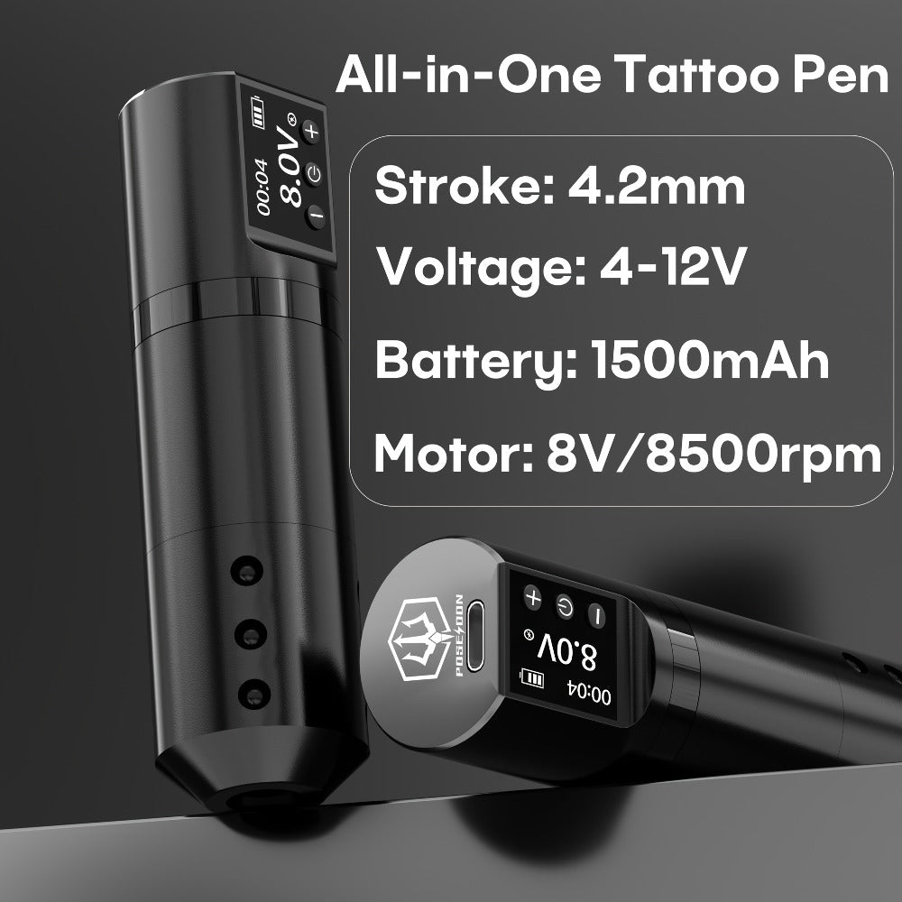 Wireless Tattoo Machine Kit Complete - POSEIDON V5 Rotary Pen with LCD Screen 1500mAh Battery 6H Runtime 10 Needles 11 Ink Bottles Full Tattoo Supplies for Beginners & Professional - product image 2