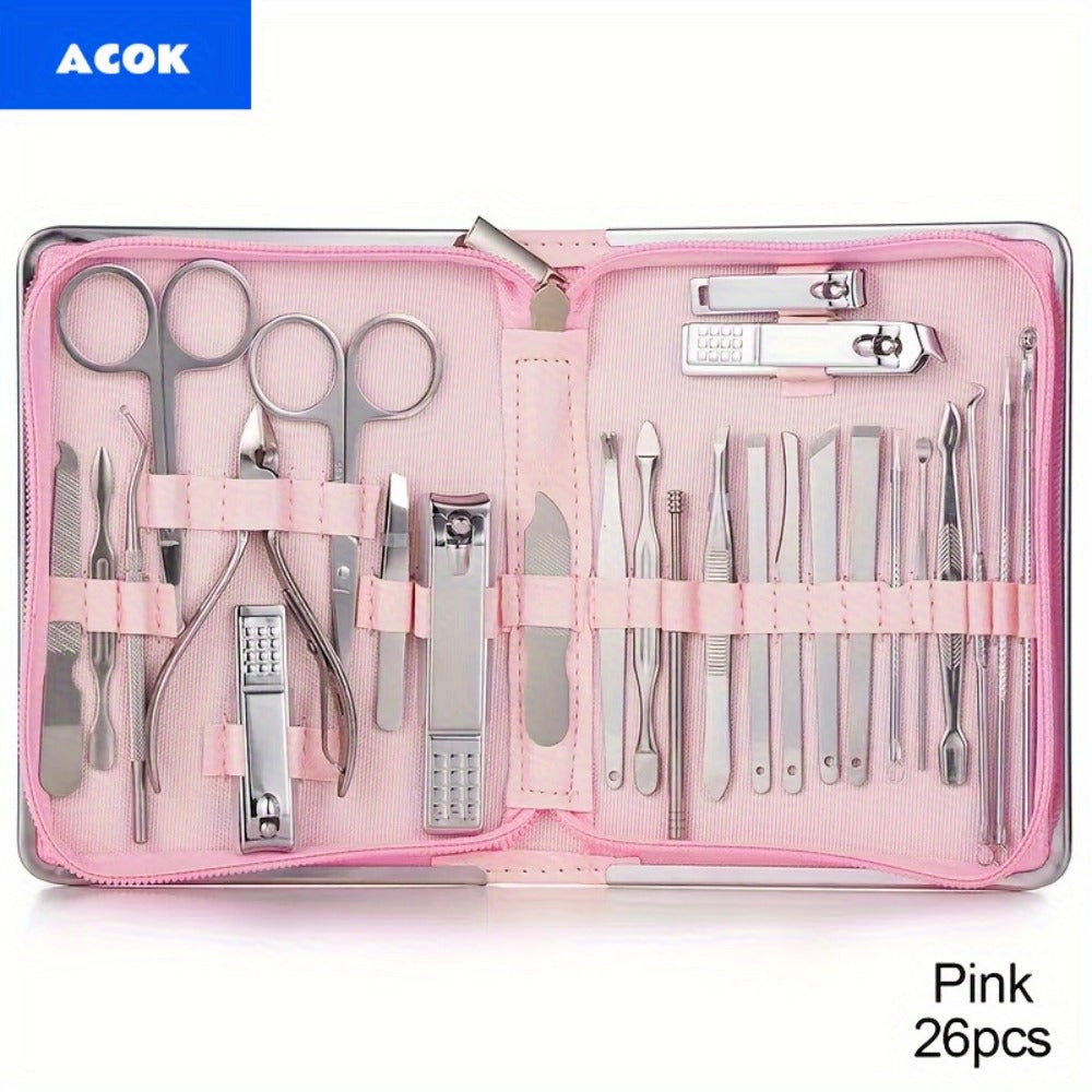 Manicure Pedicure Set 26pcs Pink Stainless Steel – Precision Nail Clippers Cuticle Nipper & Dead Skin Scissors 45° Blade Professional Grooming Kit for Women & Men, Elegant Gift Set - product image