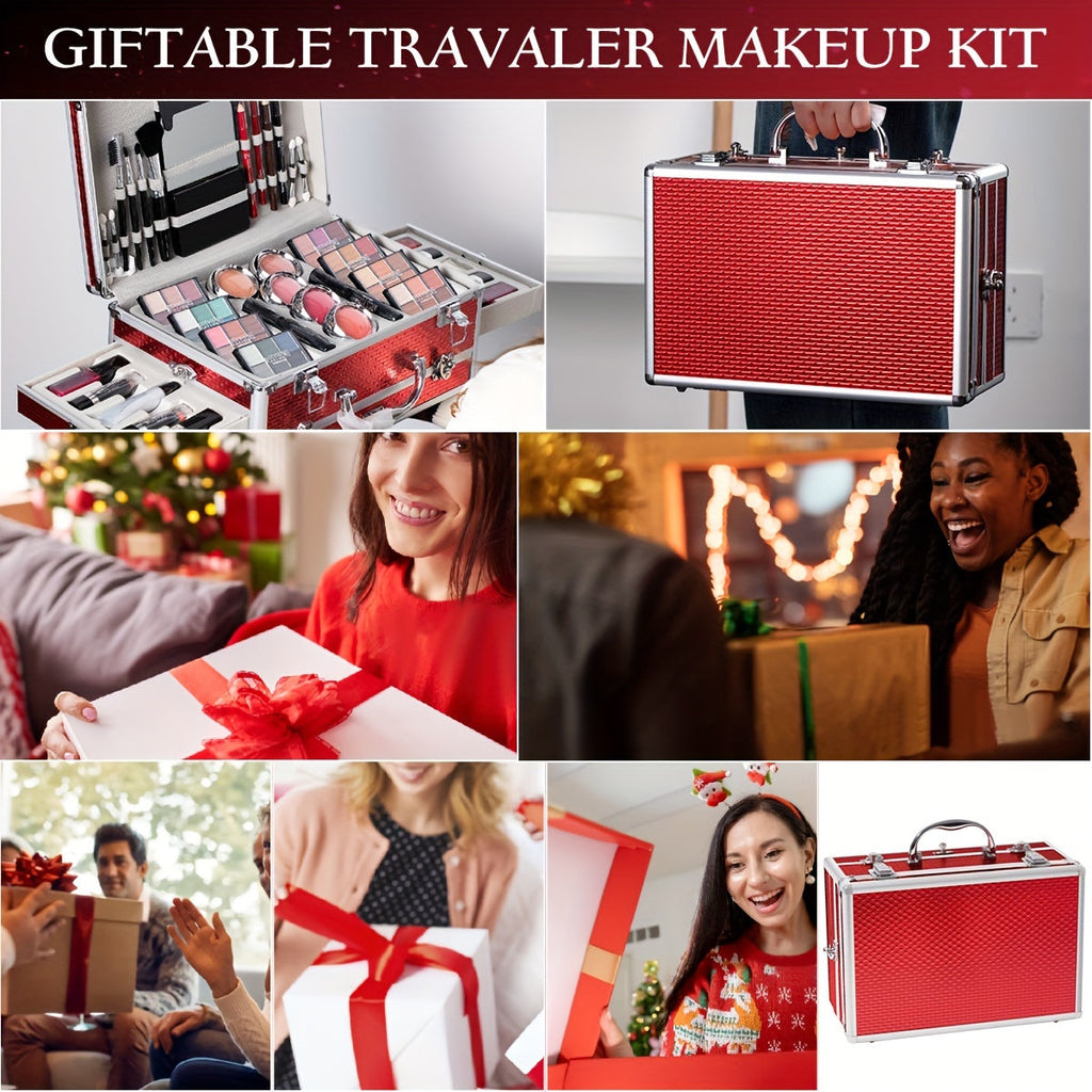 Professional Makeup Kit with Aluminum Travel Case & Mirror – Full Set Eyeshadow Blush Lipstick Foundation Eyeliner Mascara & Brushes, Gift for Women Girls Beginners, Silver & Red - product image 5
