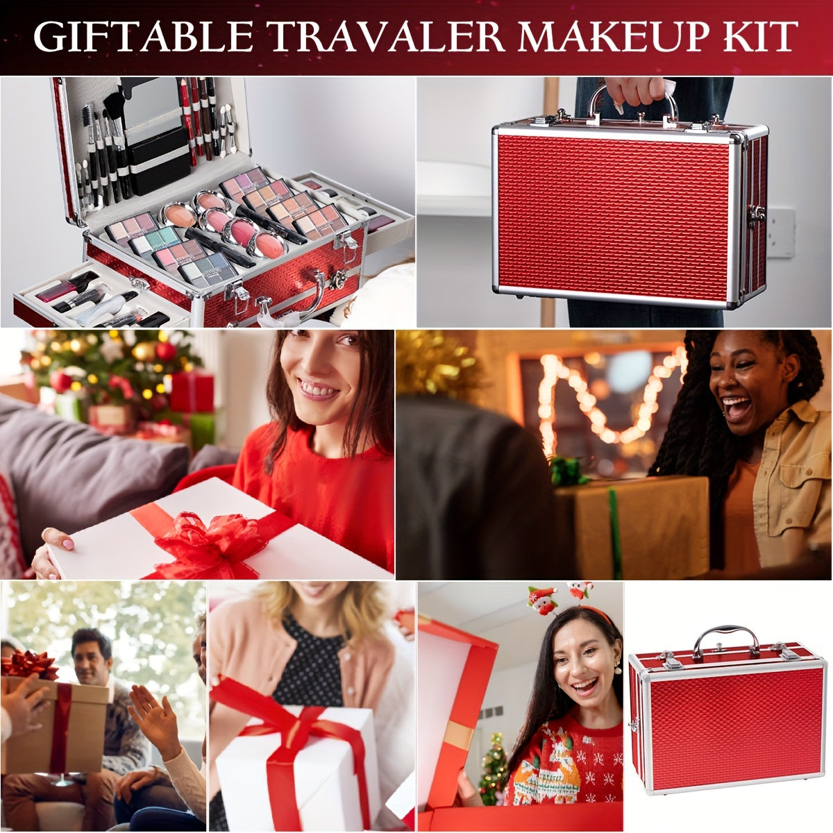 Professional Makeup Kit with Aluminum Travel Case & Mirror – Full Set Eyeshadow Blush Lipstick Foundation Eyeliner Mascara & Brushes, Gift for Women Girls Beginners, Silver & Red - product image 5