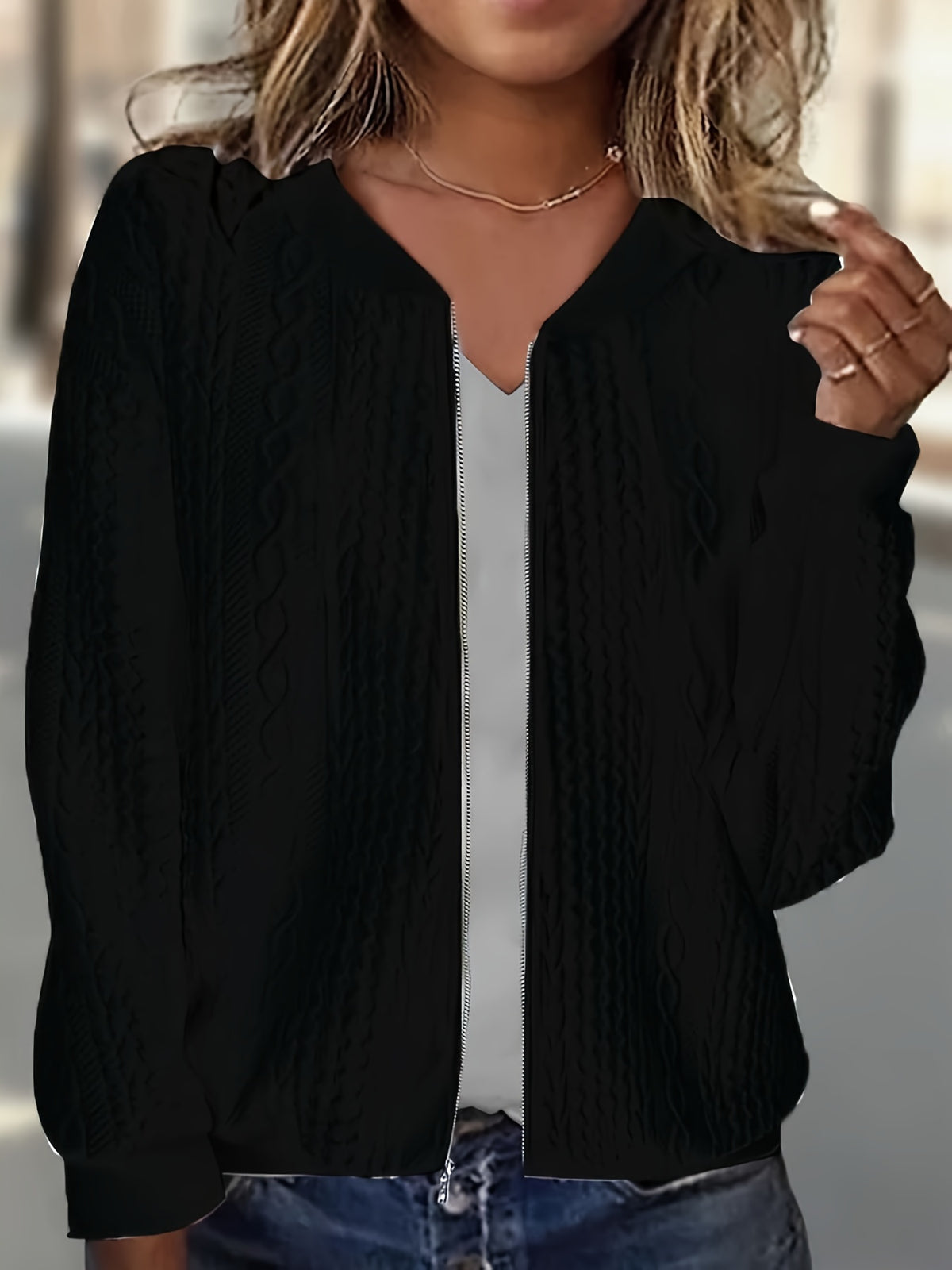 Plus Size, Plus Size Zip Up Textured Solid Jacket, Casual Long Sleeve Outerwear for Fall & Spring, Women's Plus Size Clothing - product image 11