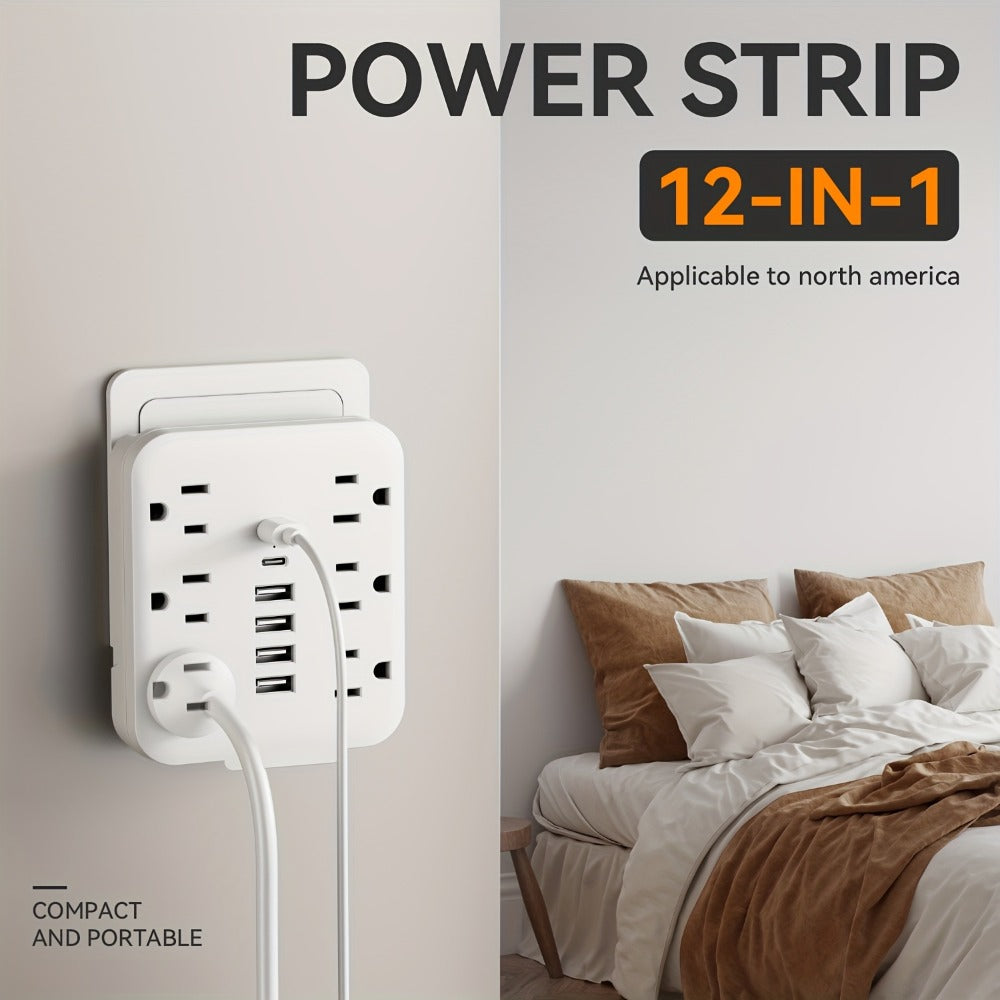 Wall Power Strip 12-in-1 with 6 AC Outlets & 6 USB Ports (2 USB-C) – Compact Space-Saving Plug, 110-130V US Plug for Home & Office – White & Black - product image 2