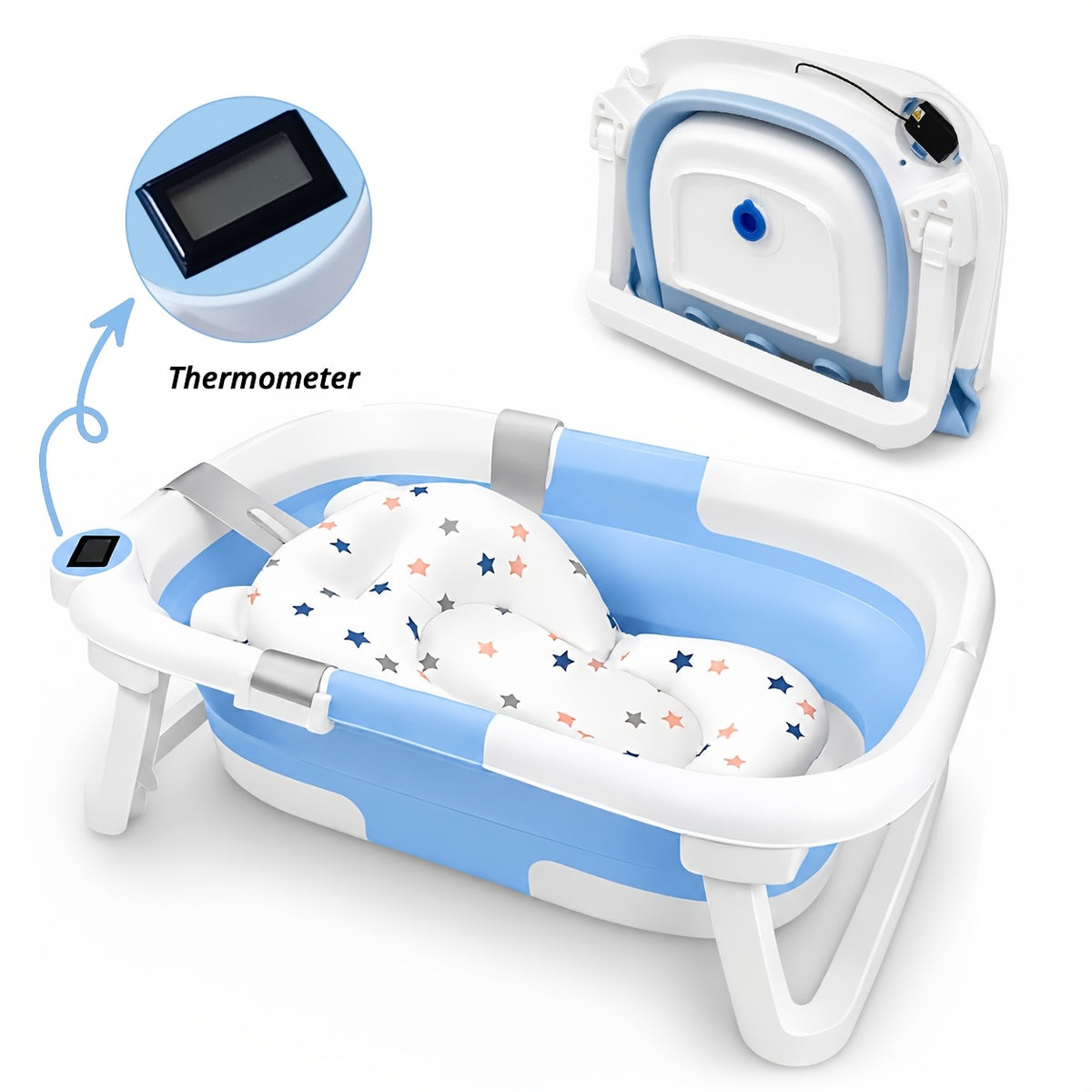 Foldable Baby Bathtub, Baby Tub with Soft Cushion and Thermometer, Portable Travel Baby Bathtub