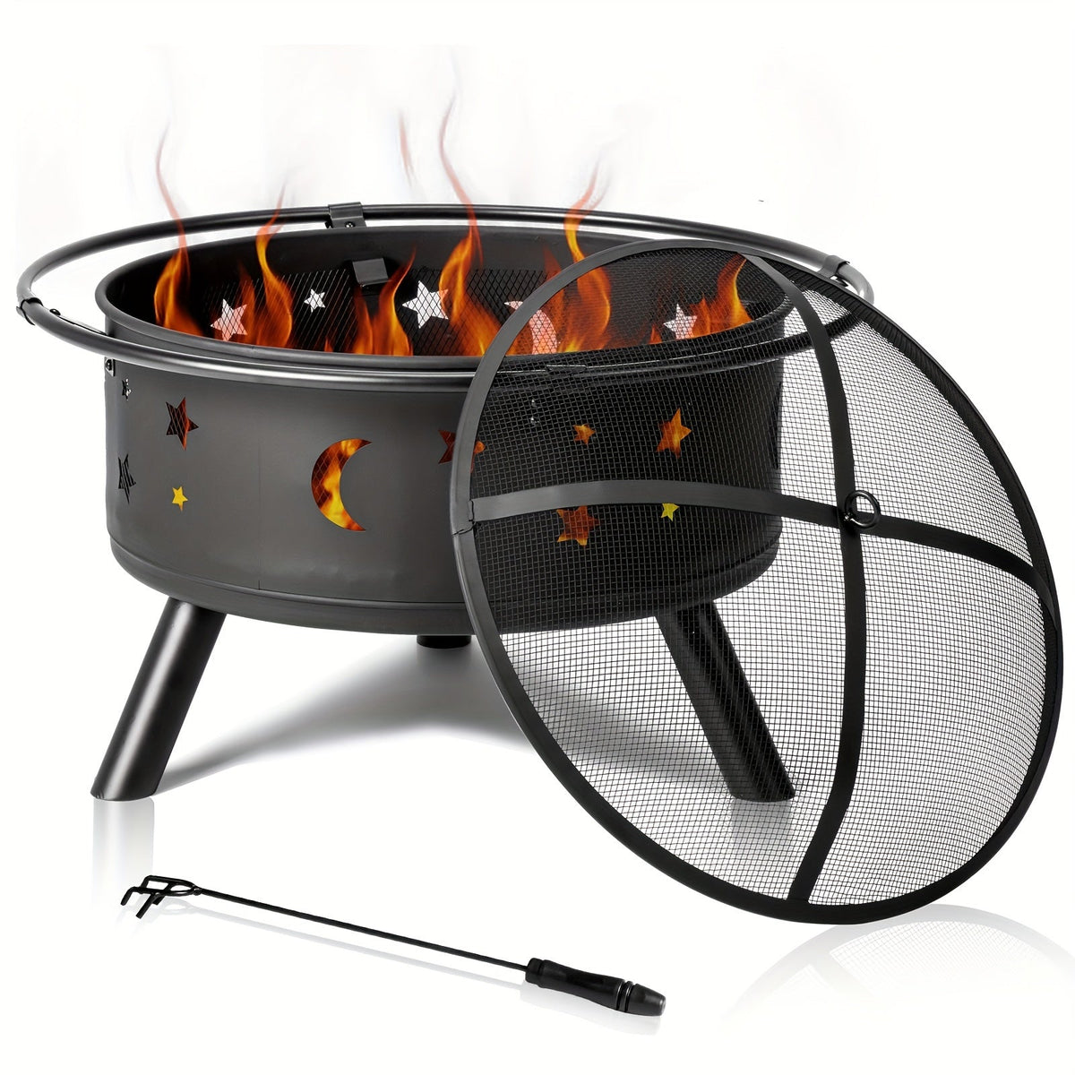 Fire Pit 30 Inch Round Wood Burning Outdoor Backyard Patio Steel Bowl with Spark Screen Mesh Lid Star Moon Cutout Carrying Ring Poker Included Black - product image 3