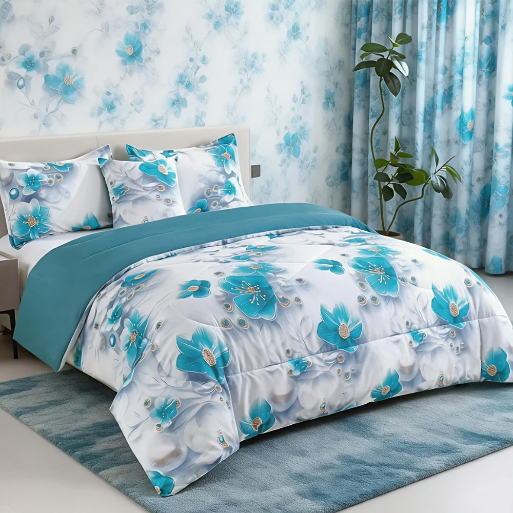 Teal Floral Comforter Set Twin Queen King Gradient Oil Painting Style Botanical Luxury Quilt Bedding Soft Microfiber All Season Bed in a Bag Gift - product image 21