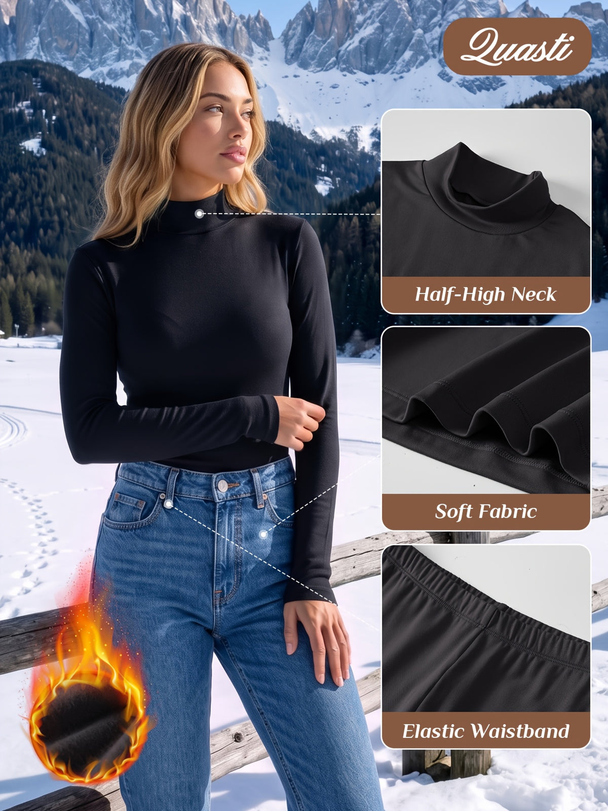 2pcs Women's Mock Neck Thermal Underwear Outfit Long Sleeve Top and Long Pants Warm Comfortable Fit for Cold Weather Winter Wear Under Everyday Clothes at Home - product image 5
