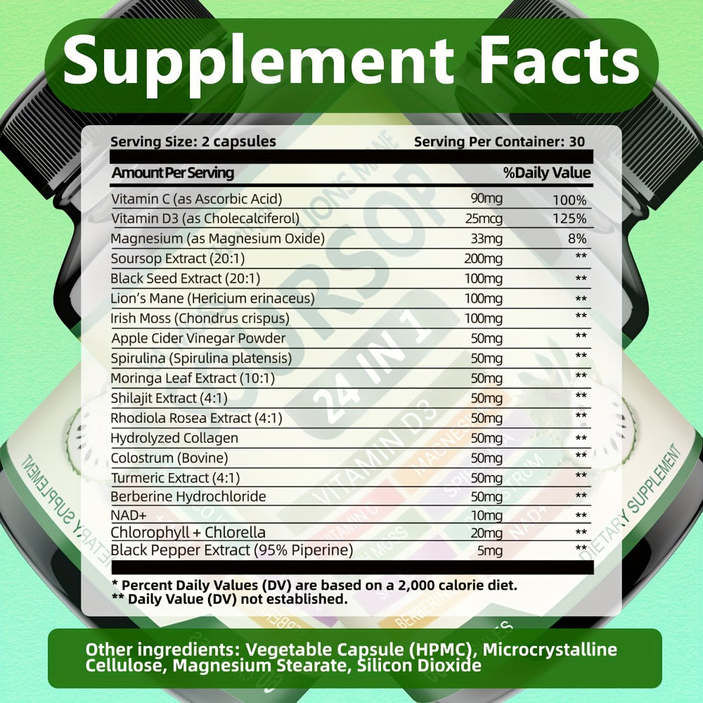 Soursop Capsules Advanced Herbal Supplement with Shilajit, Irish Moss, Berberine & NAD+ – Immunity, Antioxidant & Circulatory Support | Vitamin D3, C & Magnesium | ShopVora UK - product image 2