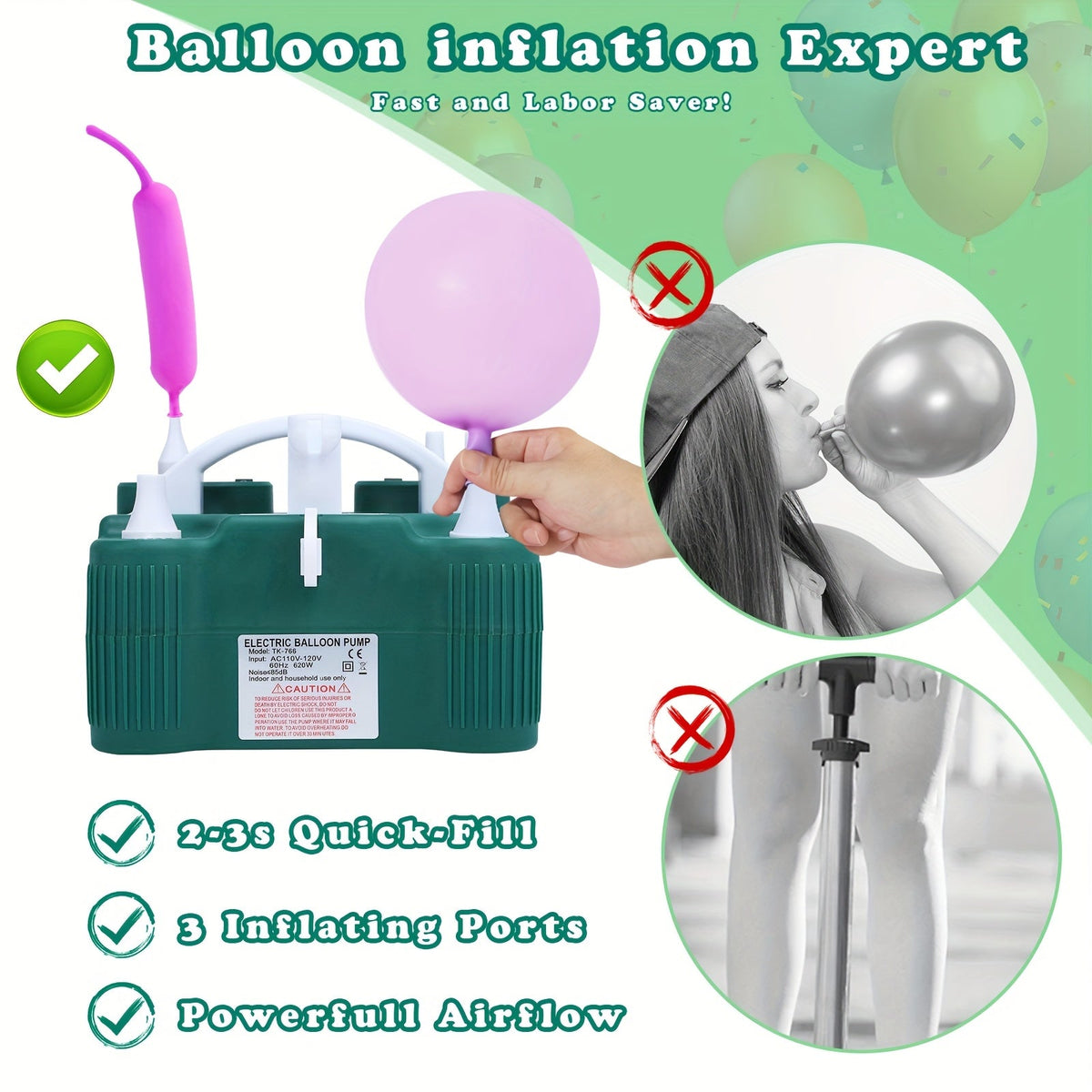 Electric Balloon Pump 3-in-1 Carry-along Inflator Deflator Fast Inflation for 260Q Foil Mylar Latex Double-Stuffed Balloons Pool Inflatables No Battery Required