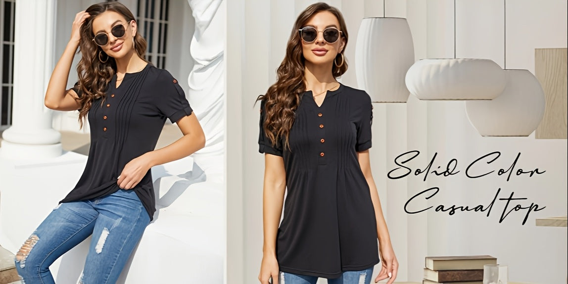Casual Short-Sleeve T-Shirt for Women, Featuring a Pleated Design and V-Neck in Solid Colors, Perfect for Summer - product image 4