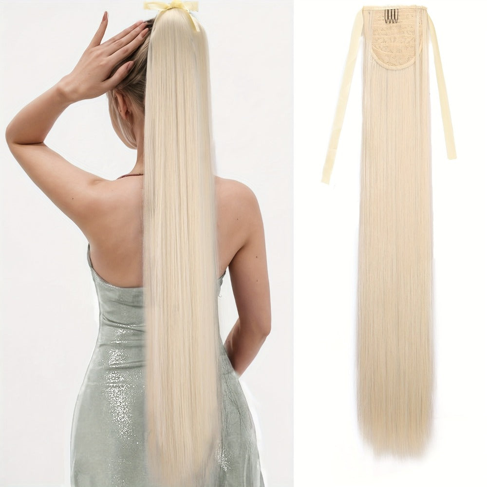 34 Inch Straight Ponytail Extension Ribbon Wrap – Long Sleek High Temperature Fiber Hairpiece for Women | Instant Wrap On Ponytail | Daily Wear Party Wedding | Brown Linen Champagn - product image 10