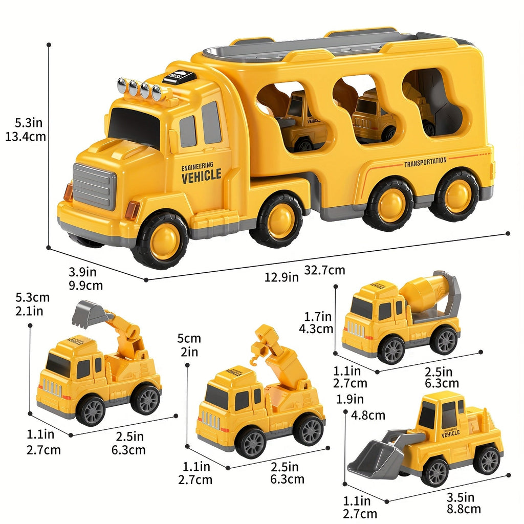 Construction Carrier Truck Toy Set for Kids Ages 3-7 | Large Transport Truck with 4 Mini Engineering Vehicles Excavator Crane Cement Mixer Bulldozer Friction - product image 10