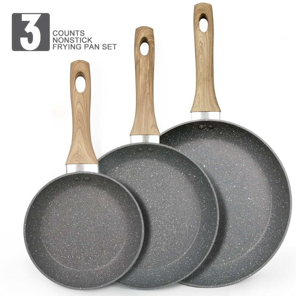 Non-Stick Frying Pan Set 3-Piece 7 9.5 11 Inch – Dishwasher Safe Skillet Set with Insulated Handle | Induction Compatible Home Kitchen Pans in Beige Grey & Black | Durable Even-Hea - product image