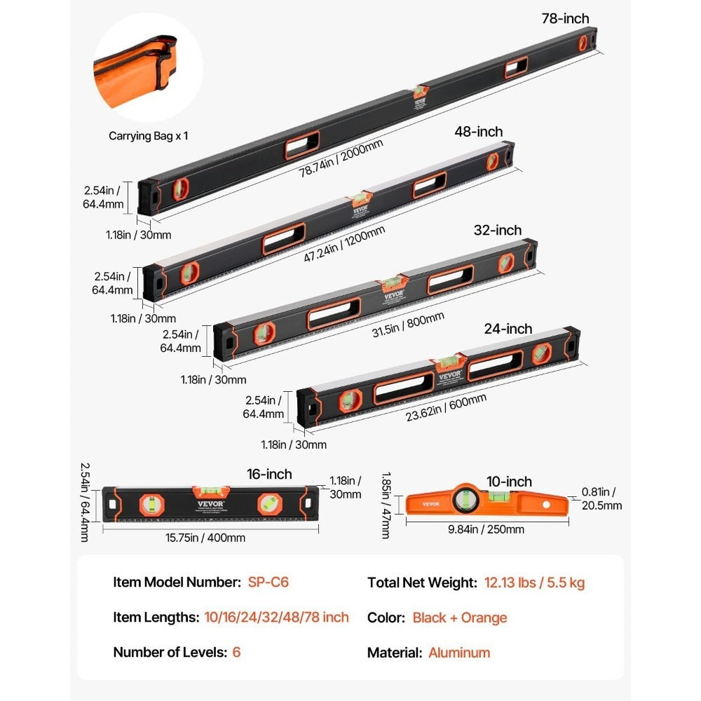 Magnetic Torpedo Level Set 6-Piece Full Magnetic All Sizes | 10 16 24 32 48 78 Inch Aluminum Spirit Level Kit Anti-Static Vials 3-in-1 | Heavy Duty Construction Framing Plumbing Ca - product image 8