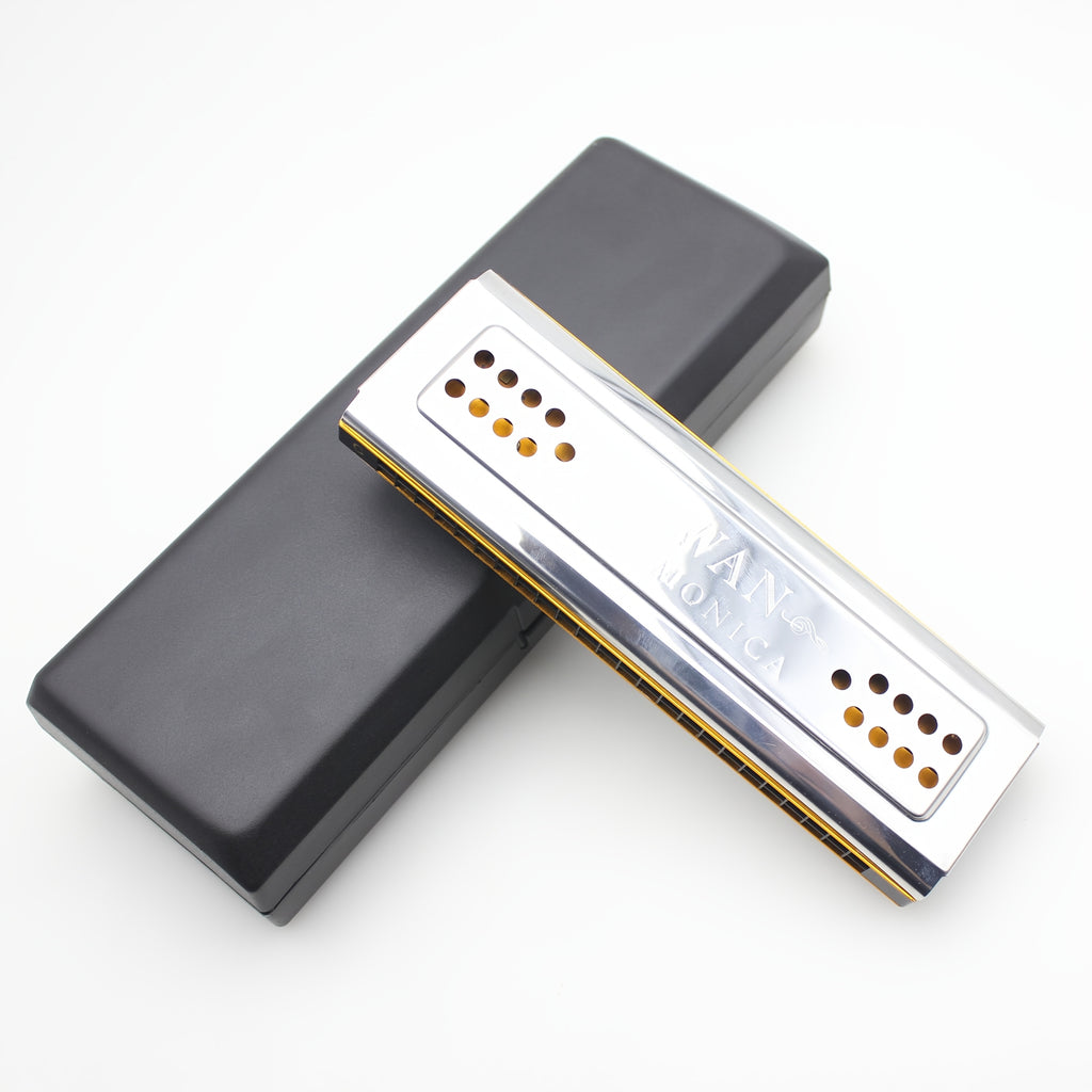 Swan 24-Hole C&G Tuned Diatonic Harmonica, Double-sided Metal with Polished Finish, Includes Cleaning Cloth and Box (Cleaning Cloth Color May Vary) - Swan Harmonica for Beginners and Professionals
