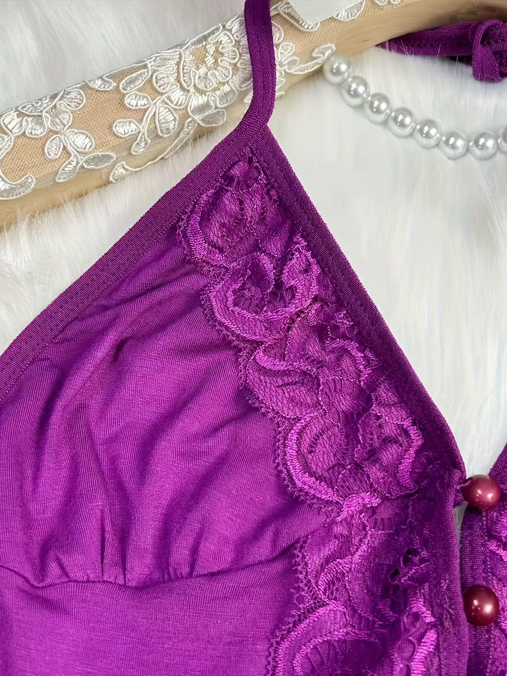Solid Color Lace Splicing Halter Neck Tie Backless Button Splicing Bilateral Side Opening Lace Splicing Soft -friendly Sexy Home Pajamas Set - product image 15