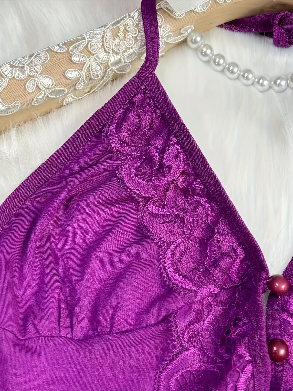 Solid Color Lace Splicing Halter Neck Tie Backless Button Splicing Bilateral Side Opening Lace Splicing Soft -friendly Sexy Home Pajamas Set - product image 15