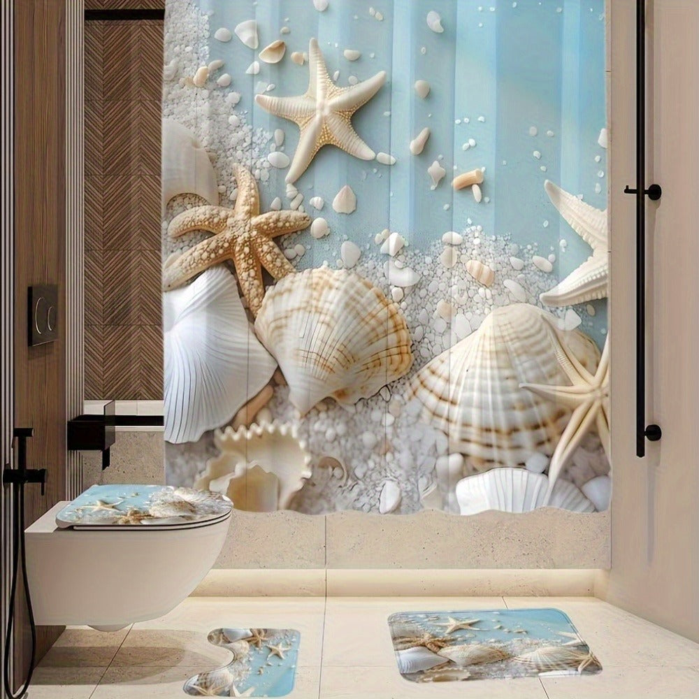 Shower Curtain Set Sea Star Shell Design Polyester with 12 Hooks Non-Slip Bath Mat U-Shaped Toilet Pad Lid Cover Bathroom Decor Set - product image 6