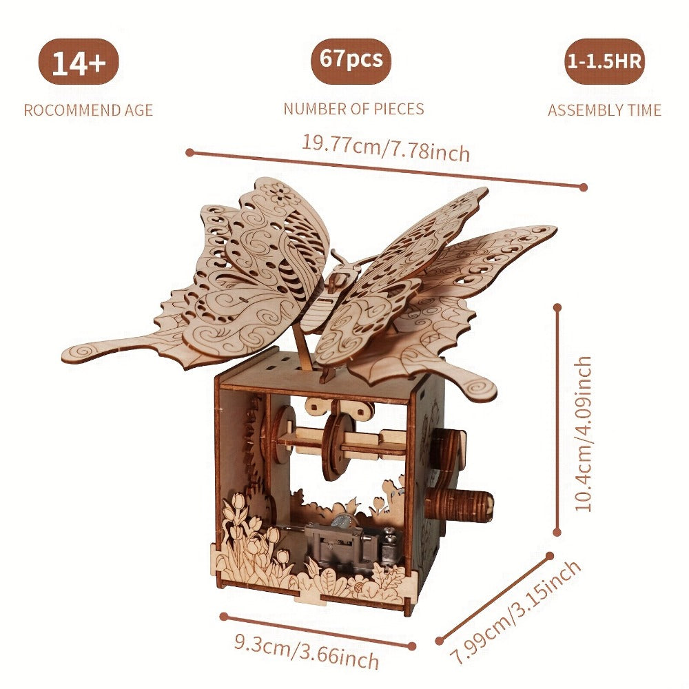 "You Are My Sunshine" Handmade Assembly Model Kit, Colour Butterfly & Music Box, Romantic Birthday Valentine's Day Christmas Gift for Women Girls – Wooden Butterfly Music Box Puzzle