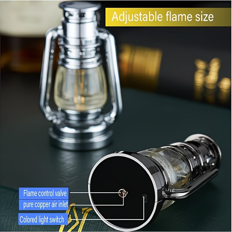 Refillable Adjustable Flame Windproof Lighter, Creative Mood Light Novelty Lighter Gift Boxed for Camping Outdoor Use, No Fuel Included – Metal Horse Lantern Lighter Cool Grinding Wheel Design