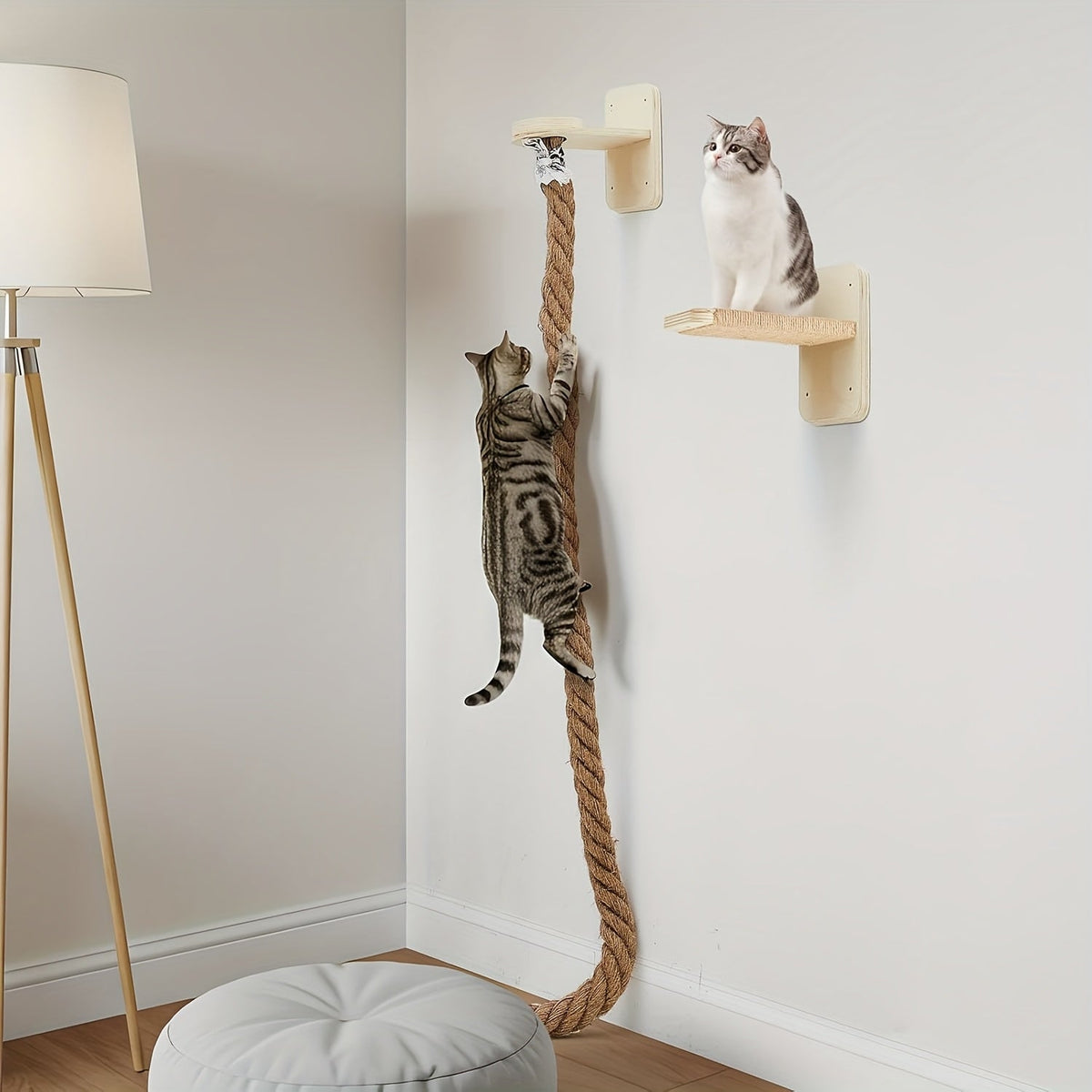 Wall-Mounted Cat Scratching Post with Climbing Rope Jute Rope Jump Platform Resting Perch Large Ladder Cat Tree Activity Center Space-Saving 1.5M 60in for - product image