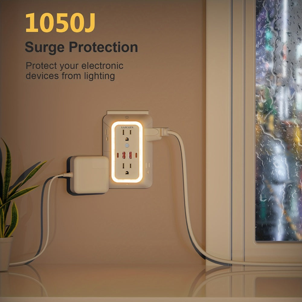 Outlet Splitter Wall Expander 10-in-1 with 6 AC Outlets 2 USB-A 2 USB-C Ports 3-Sided Plug Extender Surge Protector Night Light Compact Space-Saving Design for Home Dorm Apartment  - product image 8