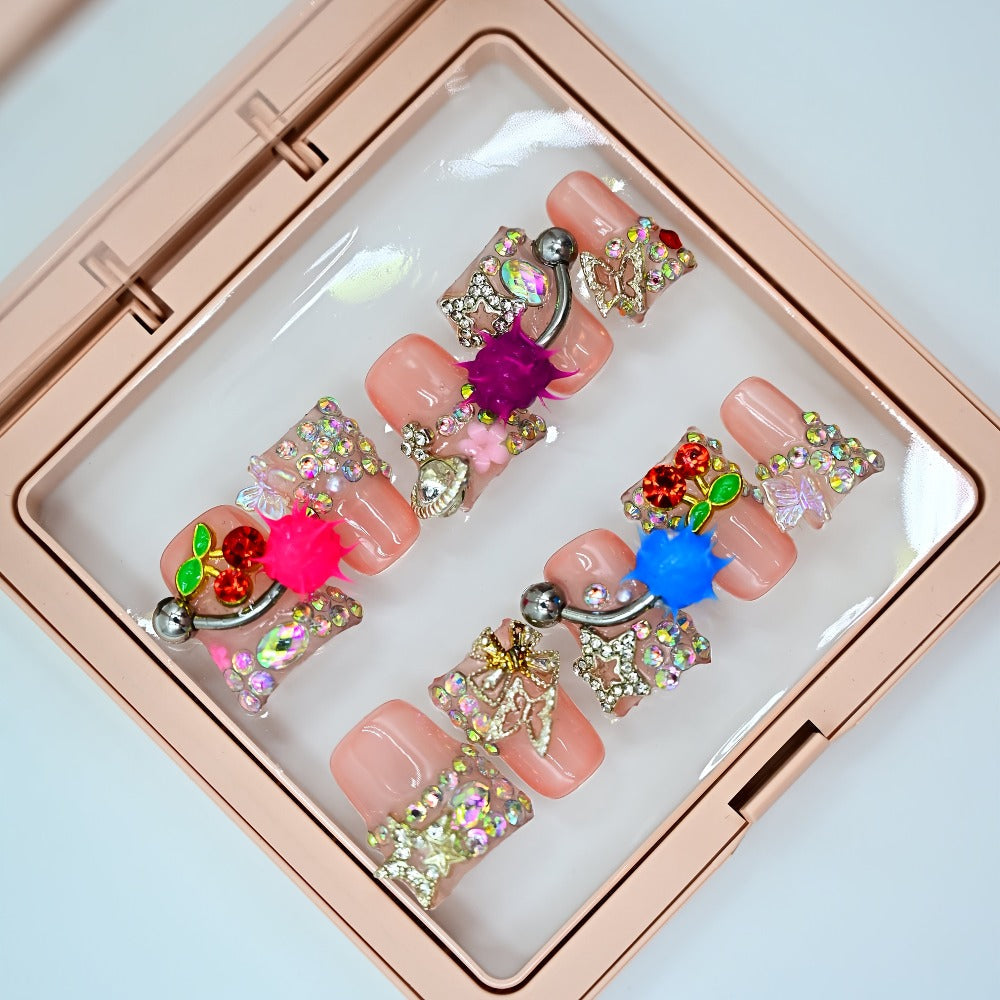 Y2K Duckbill Press On Nails Handmade 3D Charm – Nightmare Eye Barbell Rhinestone Strobe Gradient Star False Nails for Women Girls | Edgy Festival Party Nail Art | S M L Sizes Pink  - product image 4
