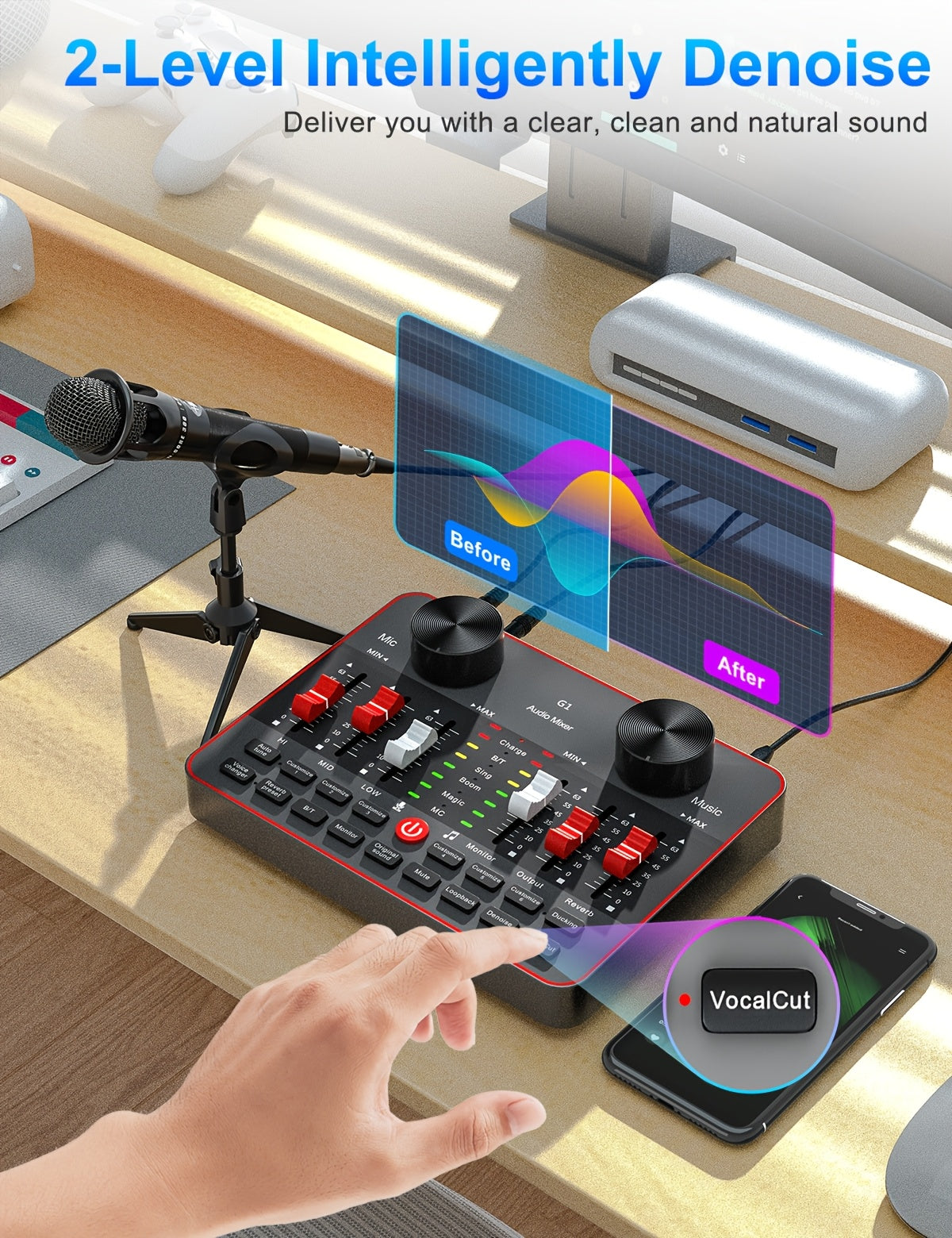 Podcast Equipment Bundle, All-in-One Audio Interface DJ Mixer with 2 Condenser Microphones, Recording Studio Kit Live Sound Card for Singing Broadcast, Live - product image 15