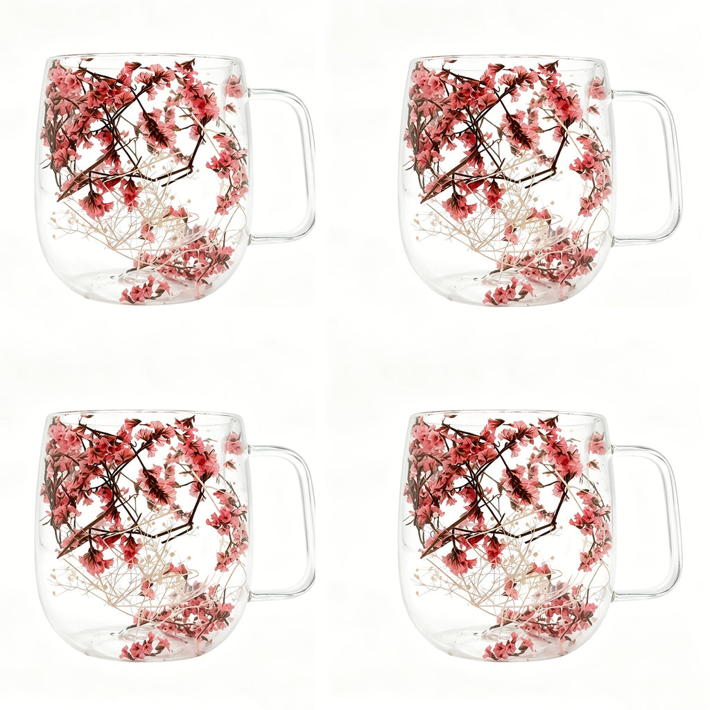 Double Wall Glass Coffee Cups with Handle Set of 4 – Borosilicate Thermal Mugs for Latte Cappuccino Tea | Dried Flower & Petal Design Transparent Drinkware for Office Home Gifts - product image 12
