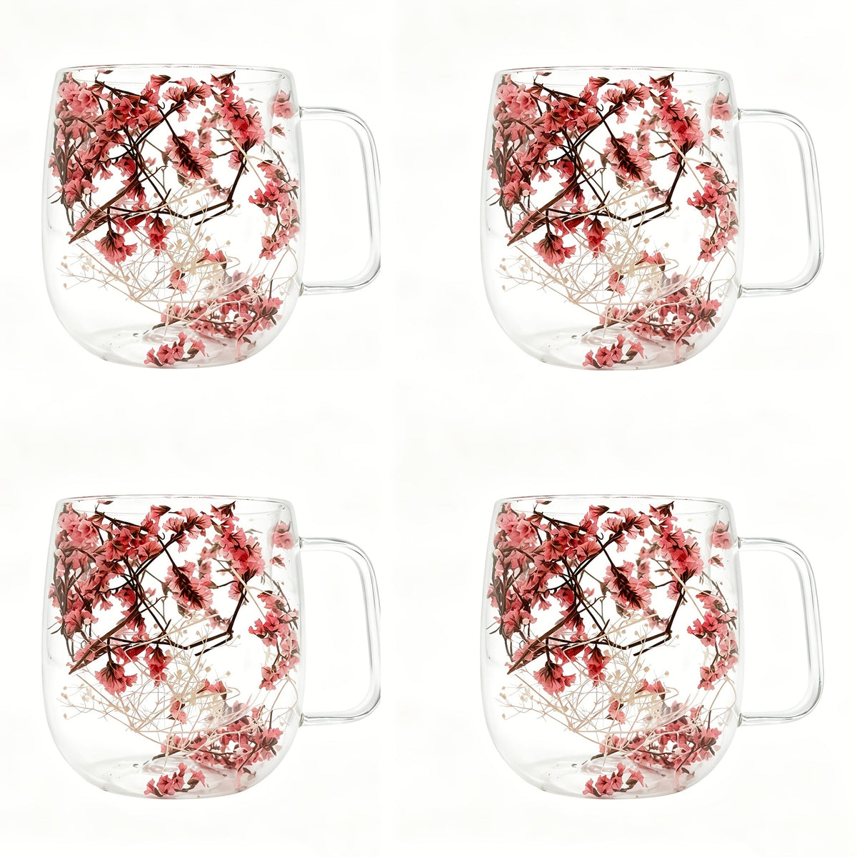 Double Wall Glass Coffee Cups with Handle Set of 4 – Borosilicate Thermal Mugs for Latte Cappuccino Tea | Dried Flower & Petal Design Transparent Drinkware for Office Home Gifts - product image 12