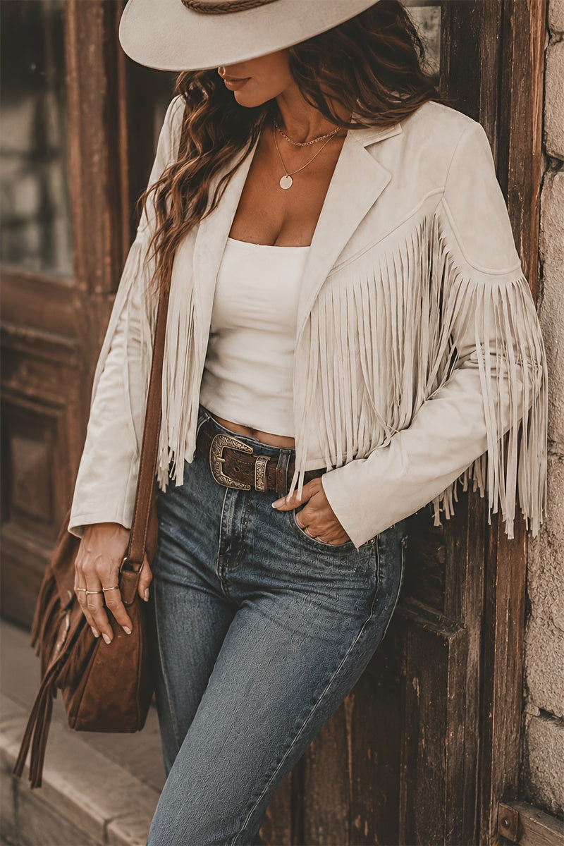 Women's Faux Fringe Jacket, Motorcycle Short Outerwear, 2026 Western Style Fashion Autumn/Winter Long Sleeve Denim Cardigan Jacket, Deer Velvet Faux Fringe - product image 6