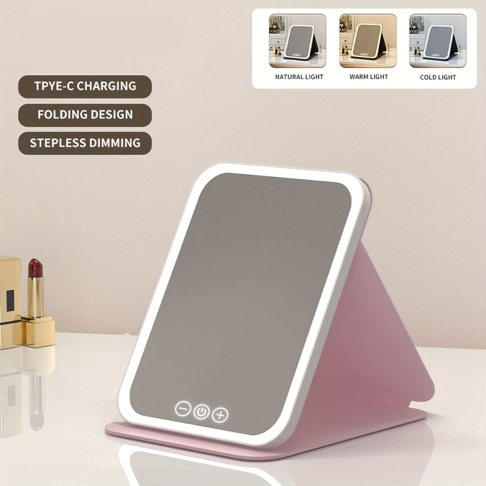 Portable LED Makeup Mirror Folding with Touch Screen - USB Rechargeable Vanity Mirror, Tri-Color Dimmable Lighting, Travel Desk Tabletop, Square or Round Shape, Pink or White, Cord - product image 12