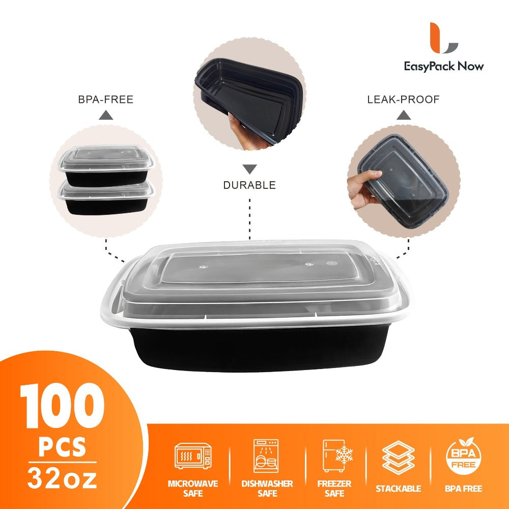 Meal Prep Containers 32oz 100 Pack – Black Stackable Leakproof Food Storage Set (50 Containers + 50 Lids), BPA-Free, Microwave & Dishwasher Safe, for Food Truck, Catering, Office L - product image 2
