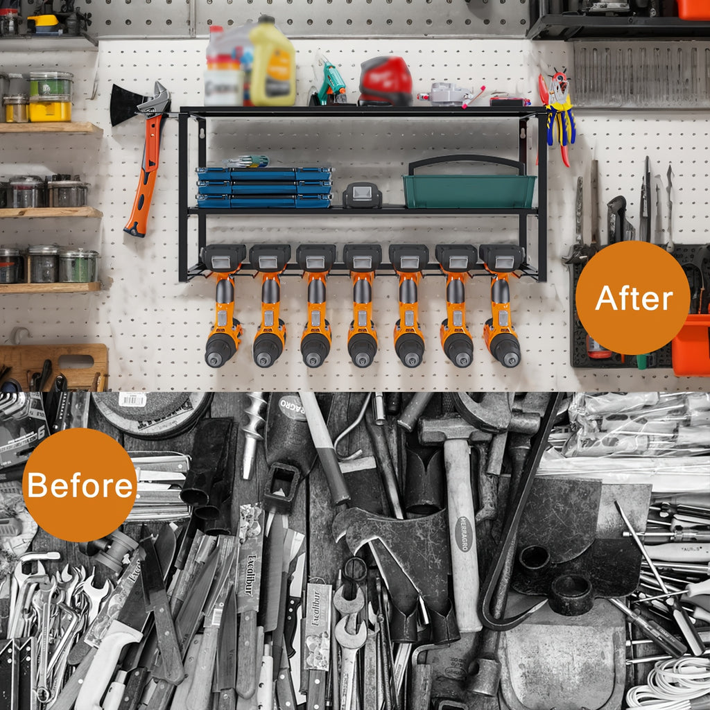 Power Tools Storage Rack, Wall Mount-150 Lb. (68 Kg) Load Bearing 3-story Storage Rack With 7 Bit Holders For Drilling Cordless Tools, Heavy-duty Iron Garage - product image 9