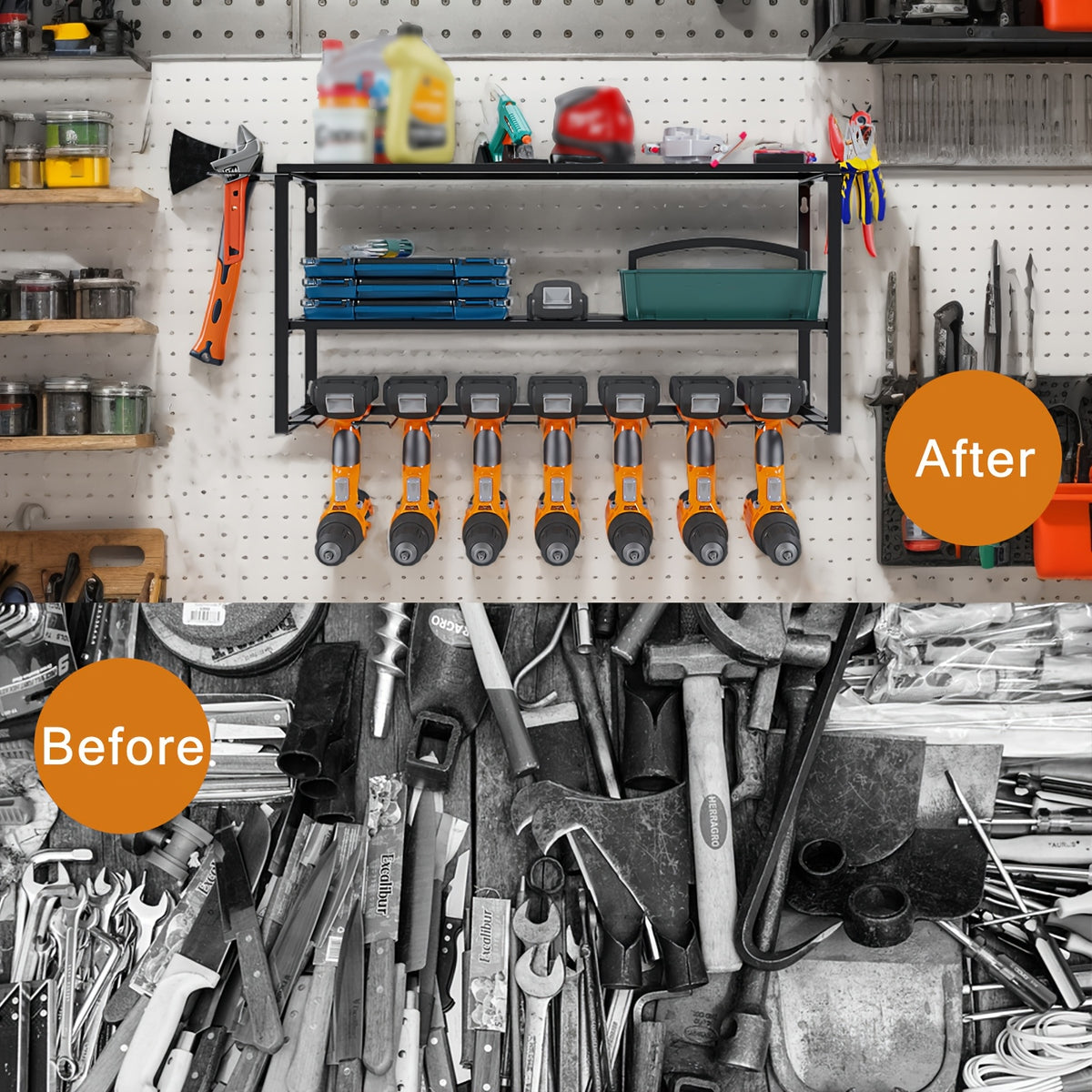 Power Tools Storage Rack, Wall Mount-150 Lb. (68 Kg) Load Bearing 3-story Storage Rack With 7 Bit Holders For Drilling Cordless Tools, Heavy-duty Iron Garage - product image 9