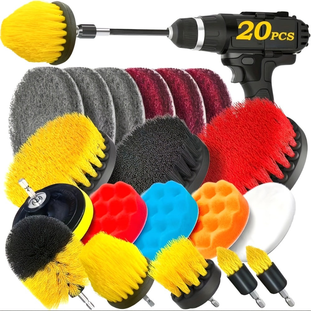 Drill Brush Attachment Set 20 Pack Power Scrubber Brushes Scrub Pads Sponge Buffing Pads with Extension Rod for Bathroom Kitchen Car Polishing Tile Grout Cleaning Kit - product image