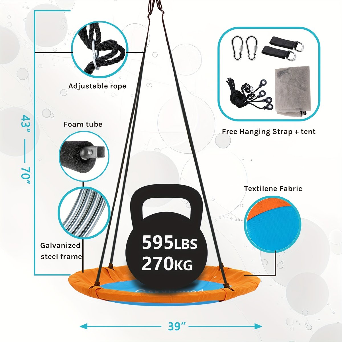 Flying Saucer Tree Swing 39"-43" | Textilene Fabric, UV & Tear Resistant, 360° Rotating with Adjustable Rope | Round Outdoor & Indoor Swing for Backyard & Garden, Multiple Colors
