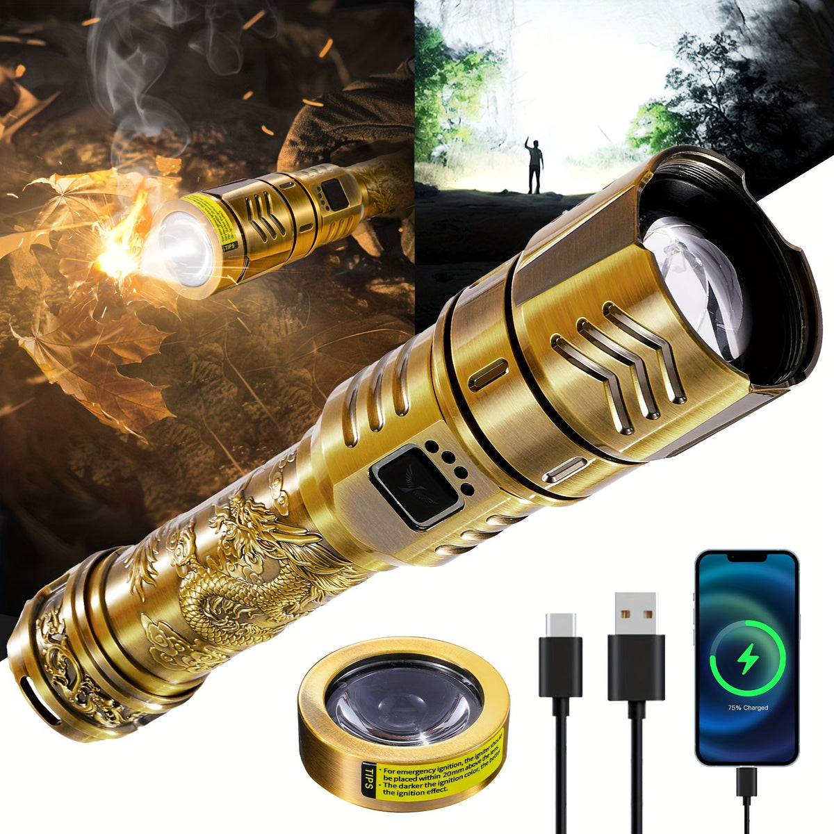 1000 Lumen Dragon Pattern LED Torch, Zoomable Beam, Fire Starter Lens, 4 Modes, Aluminum Alloy for Camping, Outdoor & Emergency Use – Rechargeable Flashlight - product image 6
