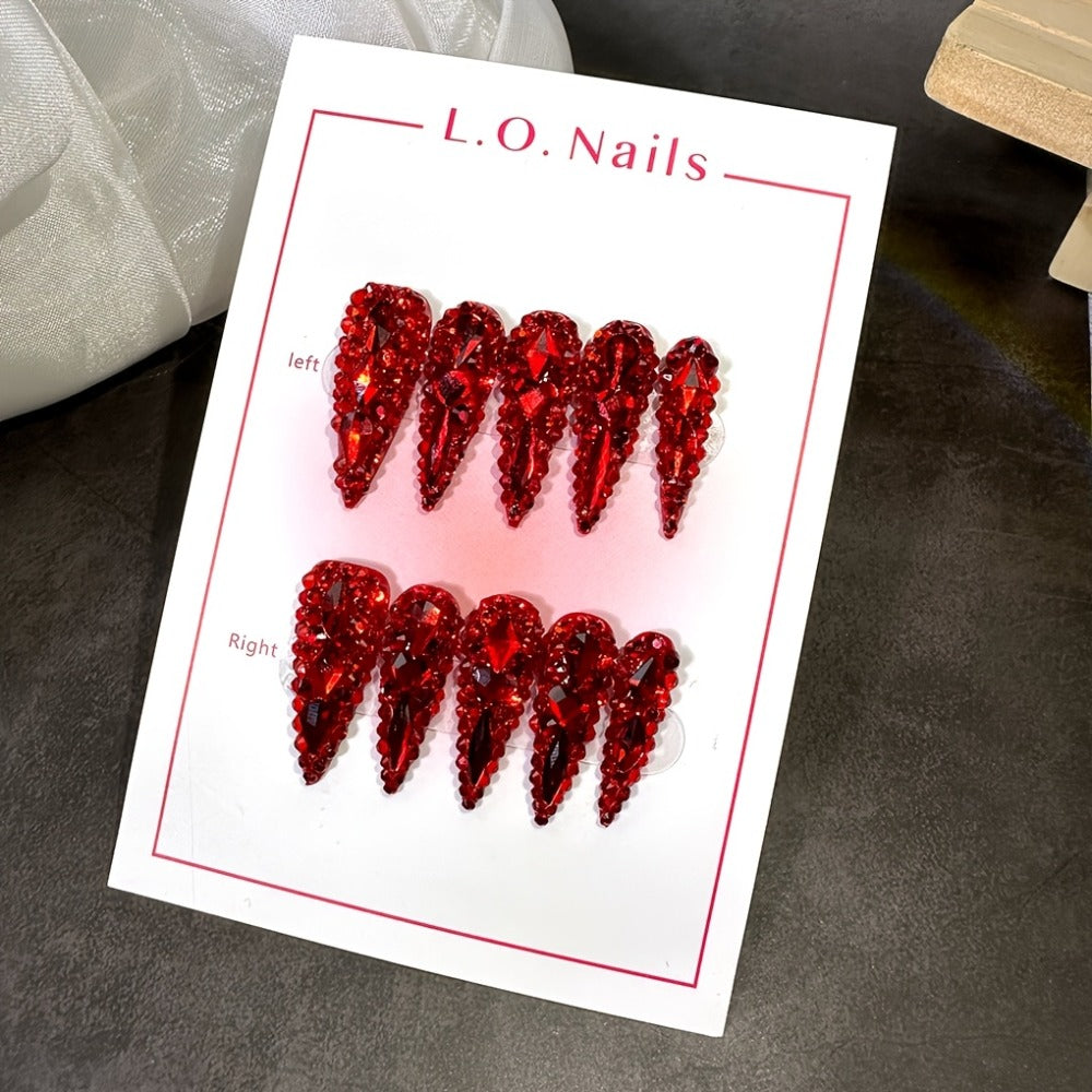 Long Press On Nails Water Drop Shape 10pcs 1.3 Inch Y2K Big Red Glass Glitter Luxury Handmade Reusable Salon Quality Spring Summer Wedding Party Birthday Gift Fake Nails S M L Size - product image
