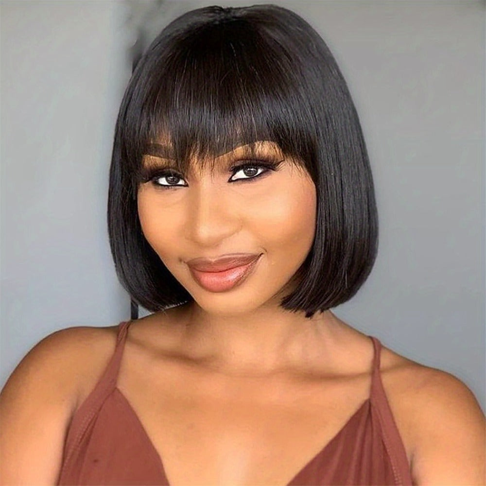 Brazilian Human Hair Bob Wig No Glue 200% Density Full Machine Made Straight with Bangs for Women | Natural Black 8 10 12 16 Inch | Glueless Beginner Friendly - product image 11