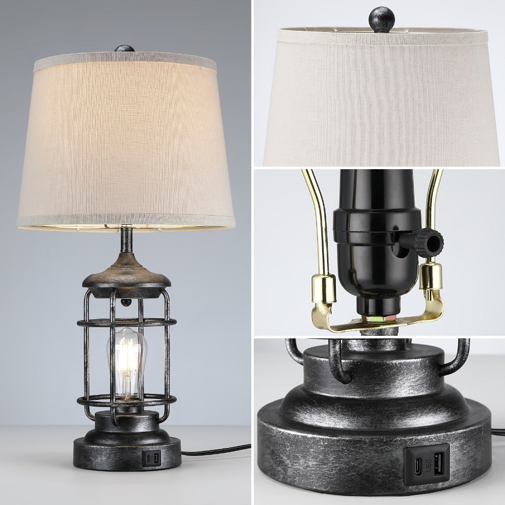 Farmhouse Table Lamps Set of 2 with 4 LED Bulbs | Touch Control 3-Way Dimmable Nightstand Lamp Dual USB Ports Natural Linen Shade Metal Black 22 Inch Bedroom Living Room - product image 3