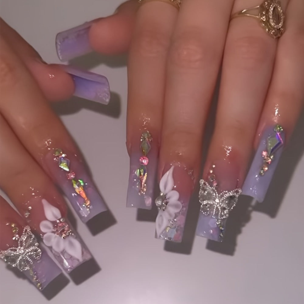 Long Ballerina Press On Nails 96 Pieces 4 Packs + 4 Bracelets Gift Set – Blue Gradient 3D Flower Butterfly Rhinestone Glossy Full Cover False Nails & Beaded Bangles for Women Girls - product image 4