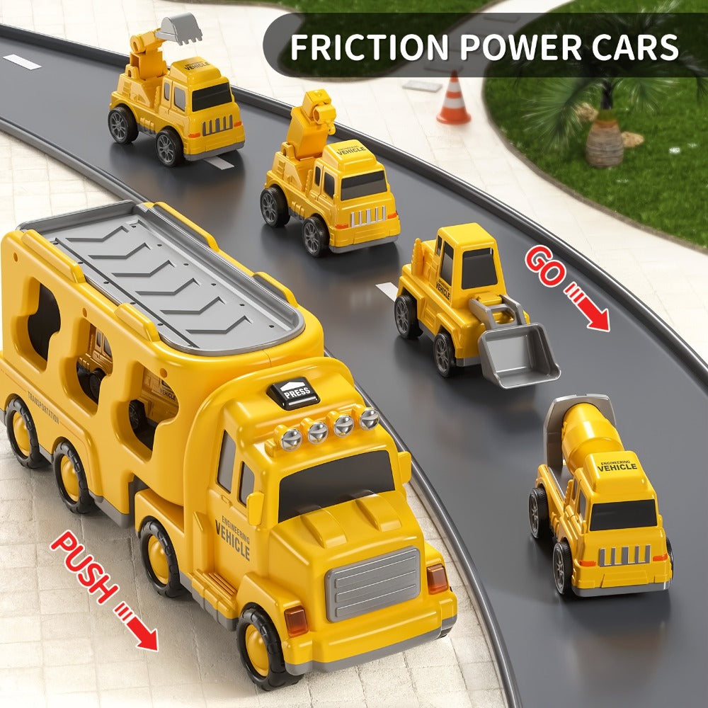 Construction Carrier Truck Toy Set for Kids Ages 3-7 | Large Transport Truck with 4 Mini Engineering Vehicles Excavator Crane Cement Mixer Bulldozer Friction - product image 8