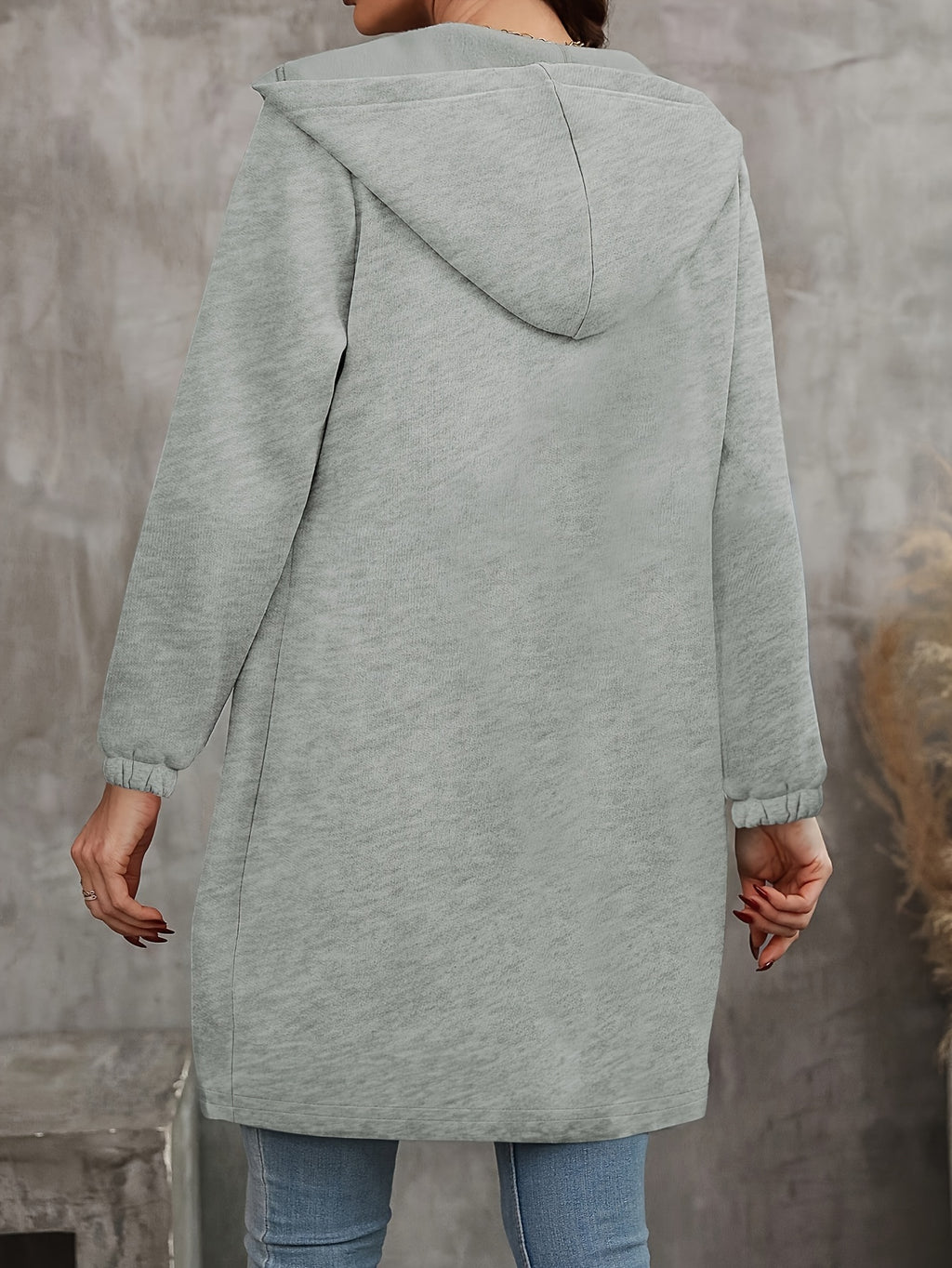 Women's Chic Light Gray Long Hoodie with Kangaroo Pocket, Zipper & Drawstring - Casual Polyester Warm Jacket, Machine Washable for Fall/Winter, Jacket Hoodie - product image 2