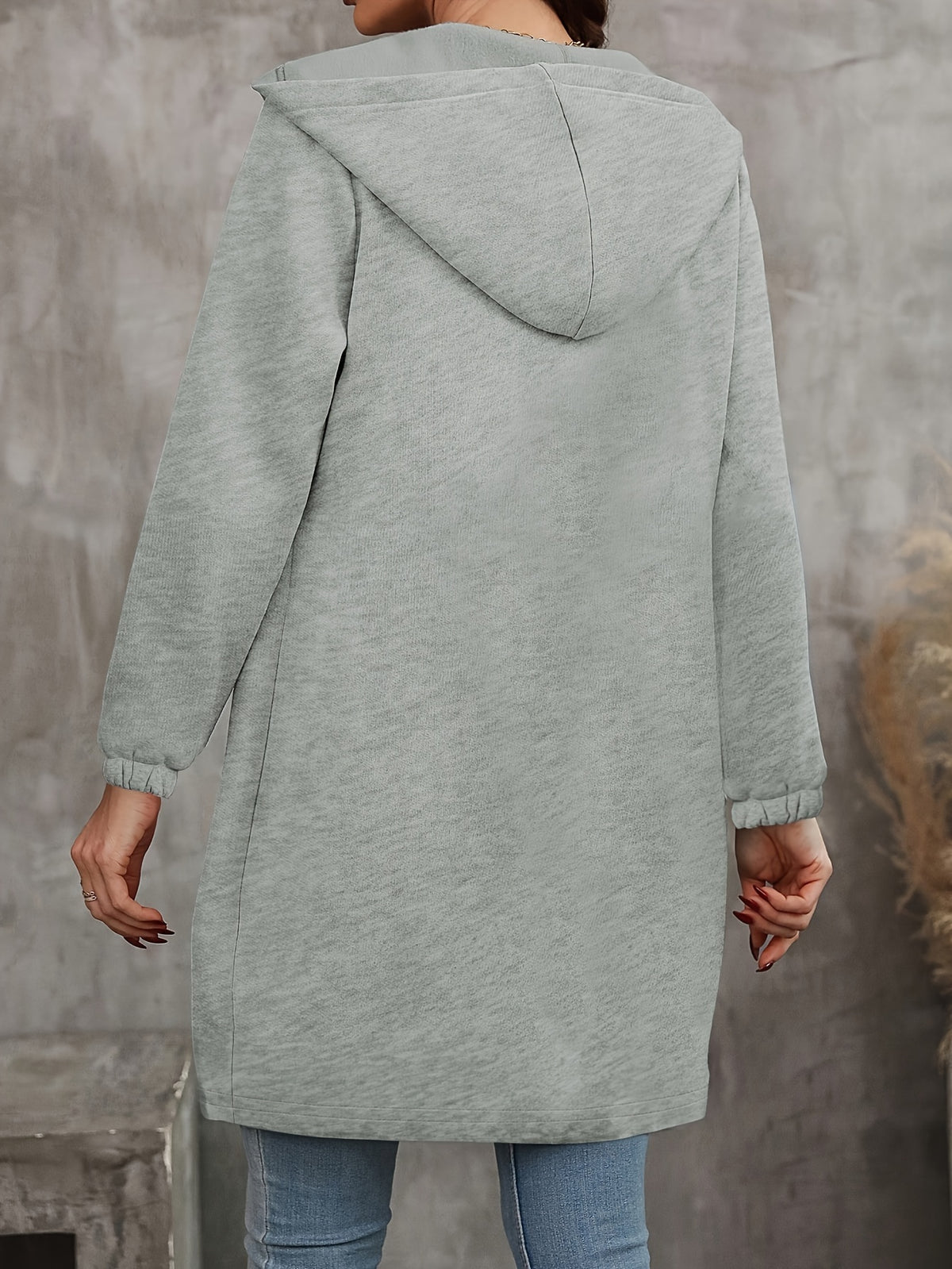Women's Chic Light Gray Long Hoodie with Kangaroo Pocket, Zipper & Drawstring - Casual Polyester Warm Jacket, Machine Washable for Fall/Winter, Jacket Hoodie - product image 2